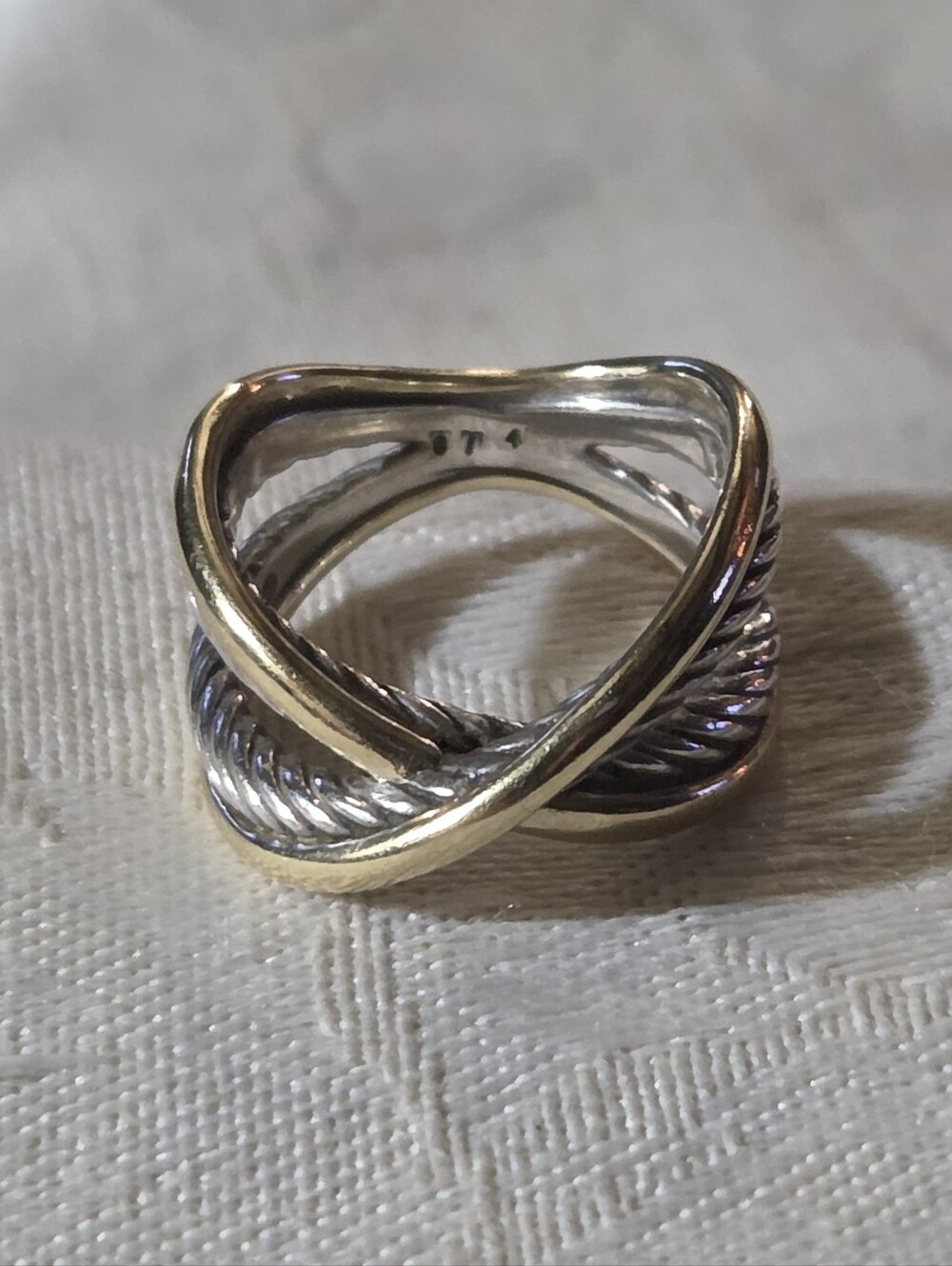 David Yurman X Two Tone Cable Crossover Ring, SS & 18k, Size 6.5